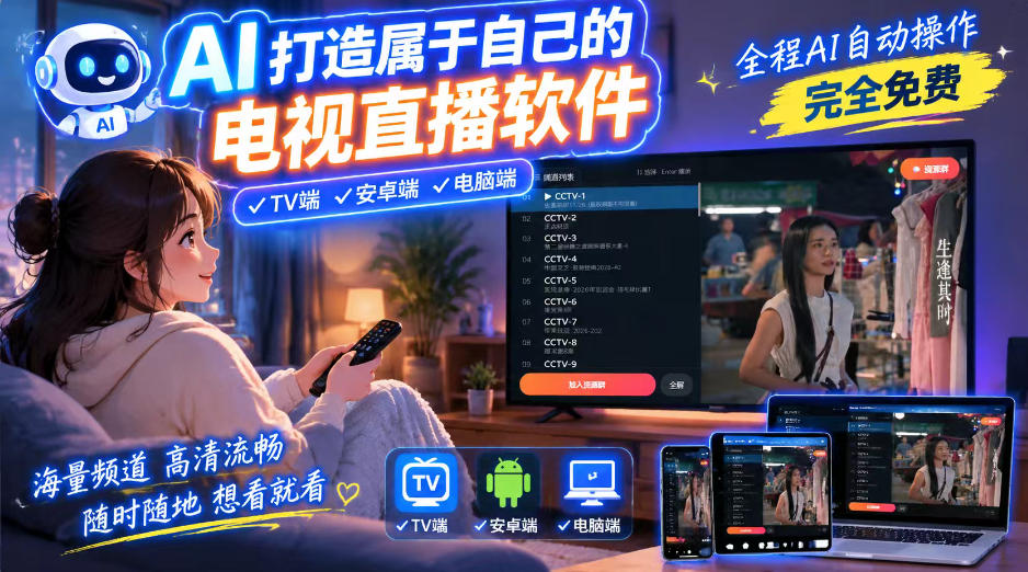 一个提示词，AI全自动做出电视直播软件，电脑、安卓、电视三端通用，完全免费，画质流畅不卡顿-九节课