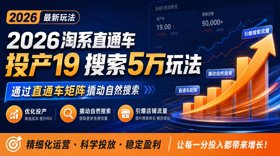 2026淘系直通车投产19搜索5万玩法，通过直通车矩阵撬动自然搜索，帮助商家优化投产，引爆店铺搜索流量-九节课